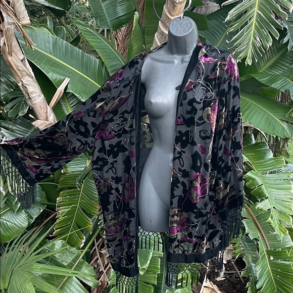 Burnout velvet, dark floral beaded, and fringe jacket - Picture 1 of 5
